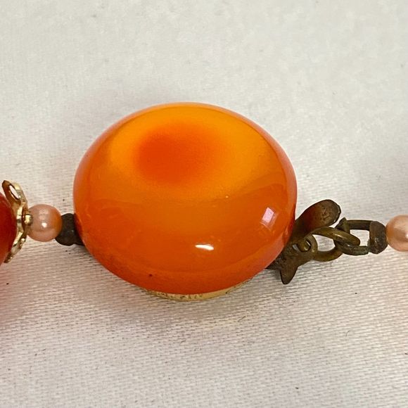 Orange Gold Necklace Glsss Oval And Small Faceted Clear Beads Magnetic Clasp - Picture 7 of 11